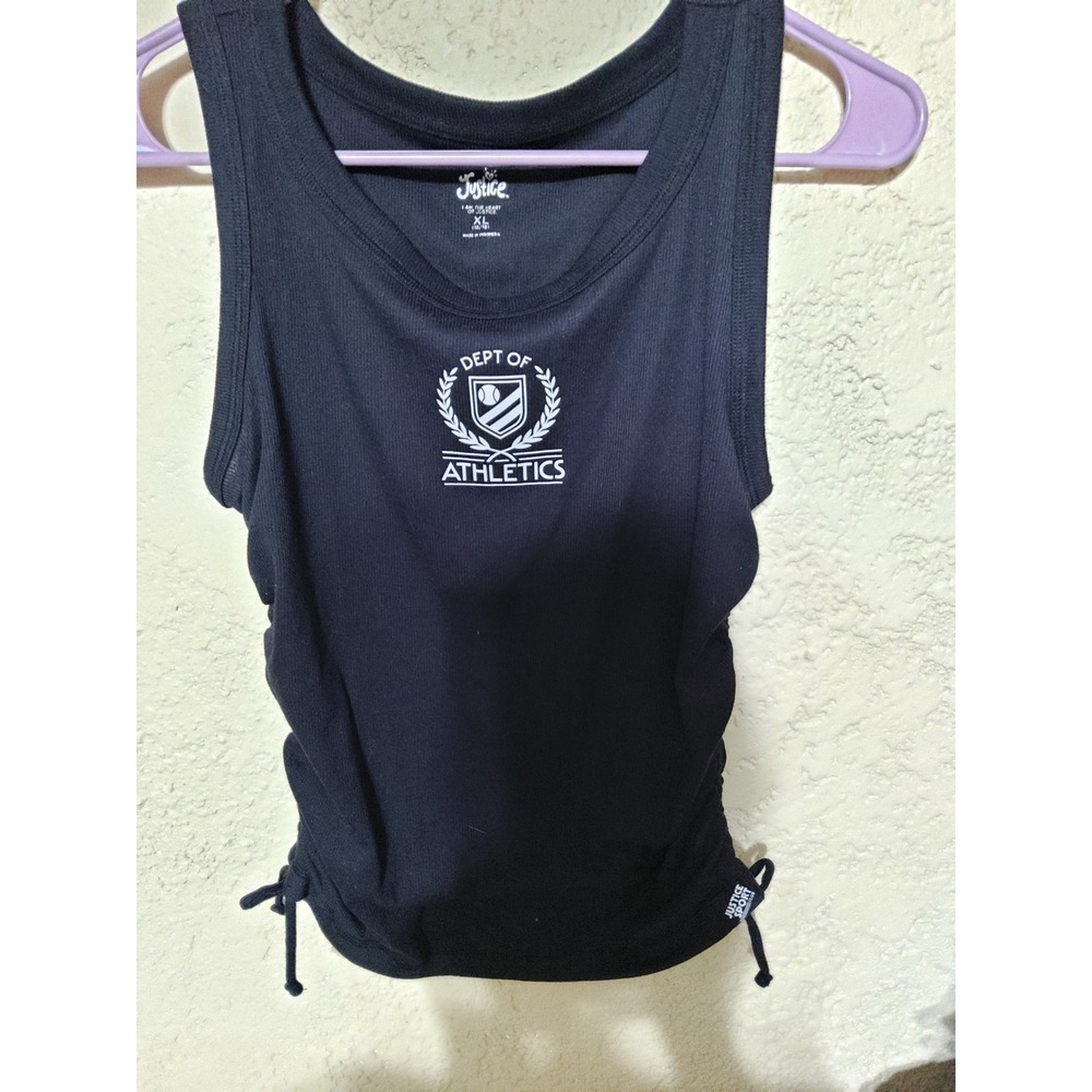 Justice Sport Girls XL 16/18 Black Ribbed Cinched Side Athletic Tank Top Graphic
